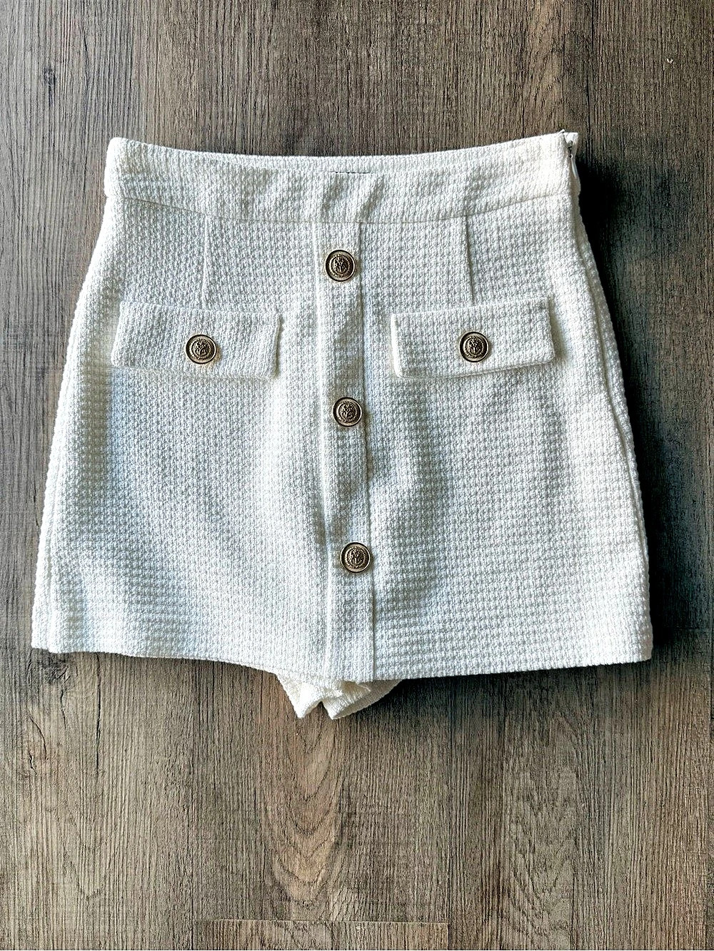 Zara Textured Tweed Shorts White High Waist Size Small